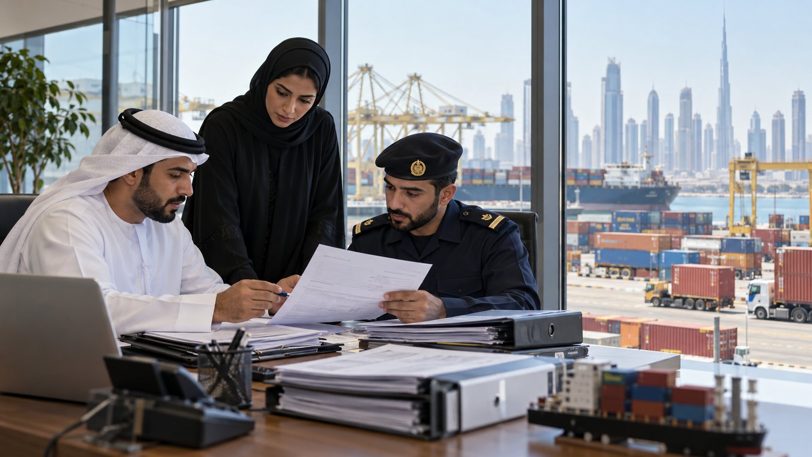 مختصون يراجعون بيانًا جمركيًا ومستندات شحنة في الإمارات