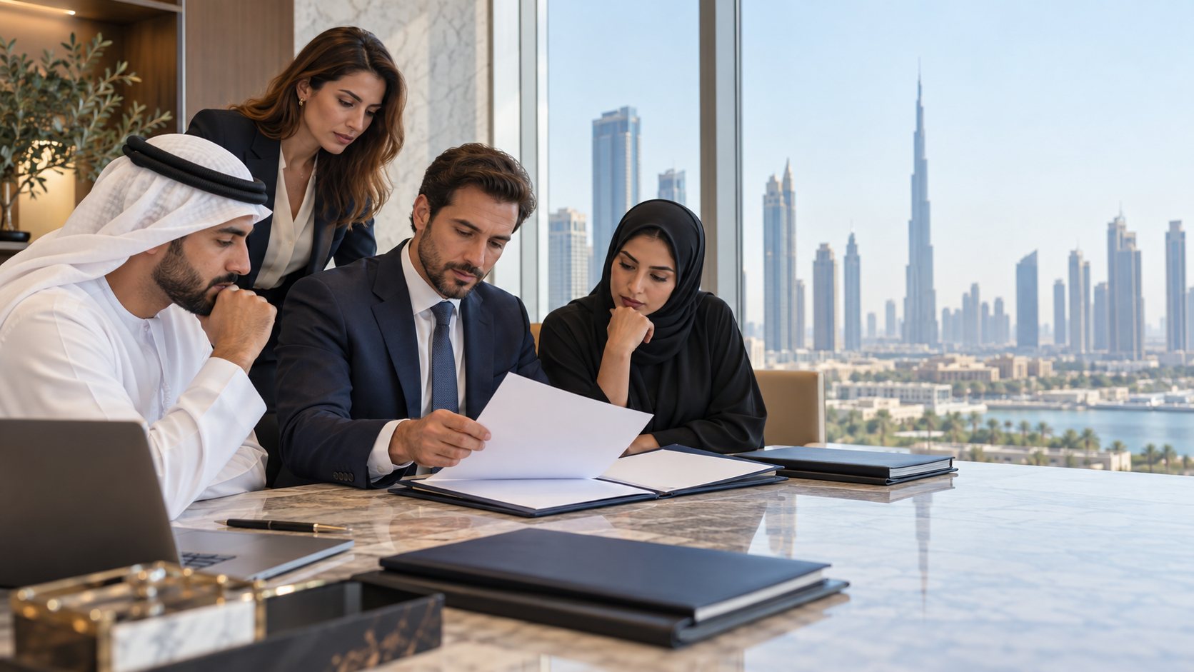 فريق قانوني يراجع اتفاقية عدم إفصاح في مكتب بالإمارات