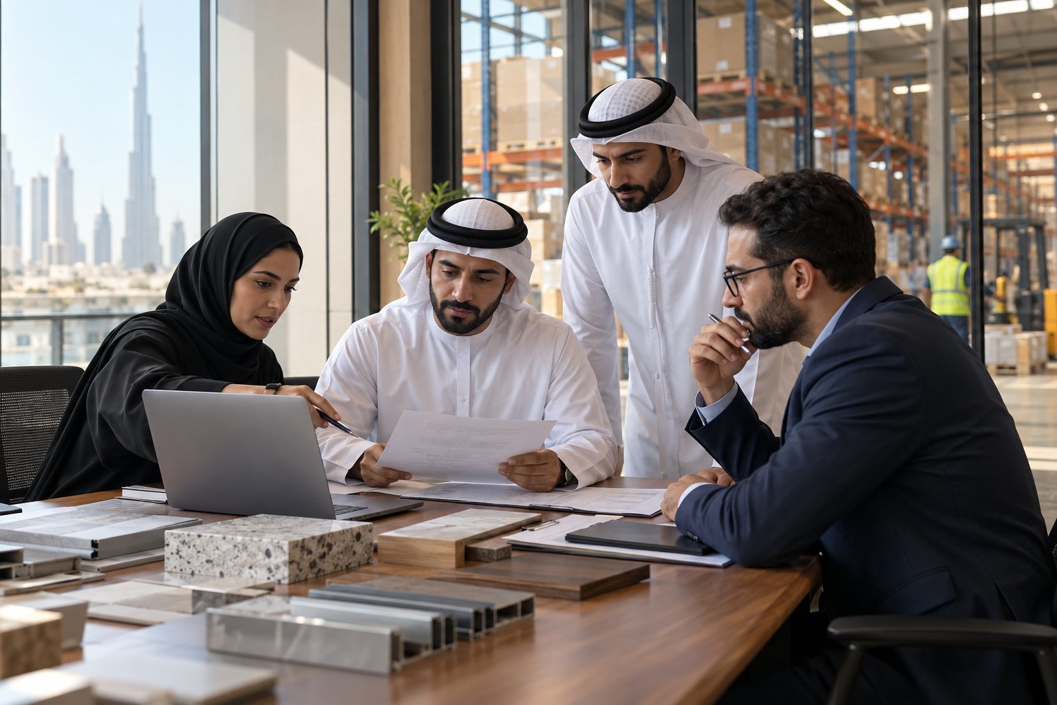 فريق مشتريات يراجع أمر شراء وأكواد الأصناف في الإمارات